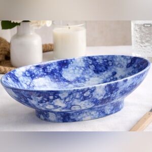 Banquet Blue & White Spongeware Footed Porcelain Serving Dish/Bowl 10.5”